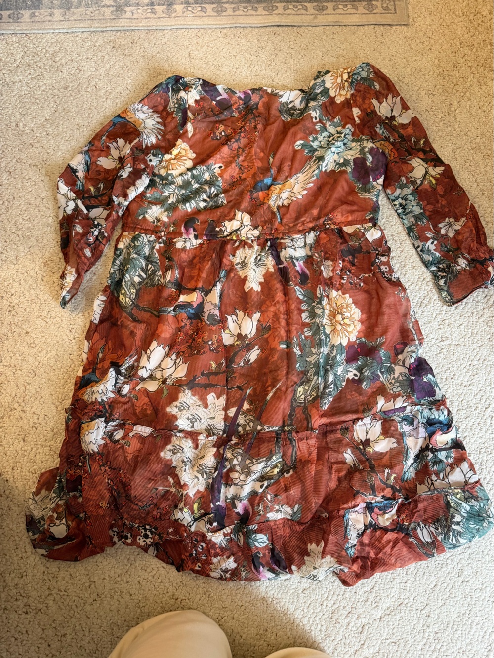 HEMANT & NANDITA Rust Floral Midi Dress with Green and White Accents - Picture 9 of 9